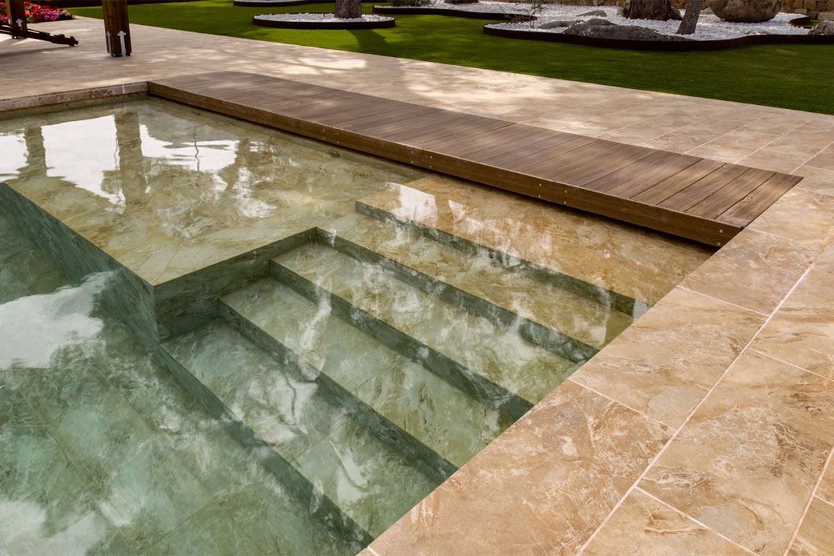 Travertine pool coping in Stevenson, MD